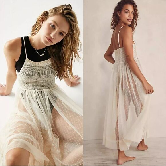 NEW Free People Intimately Can’t Stop Won’t Stop Mesh Lace slip dress in ivory - Picture 1 of 10